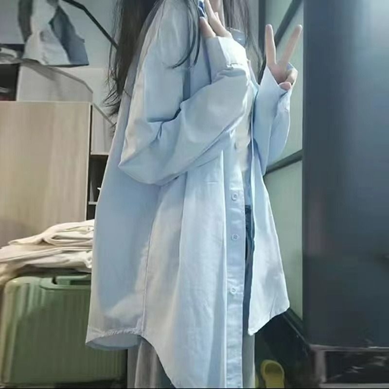 法式高级感蓝色衬衫外套女春秋2024新款小个子薄款防晒衬衣上衣夏