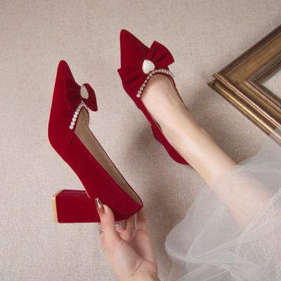 婚鞋女粗跟2023新款红色高跟鞋女新娘鞋秀禾两穿不累脚中式敬酒鞋