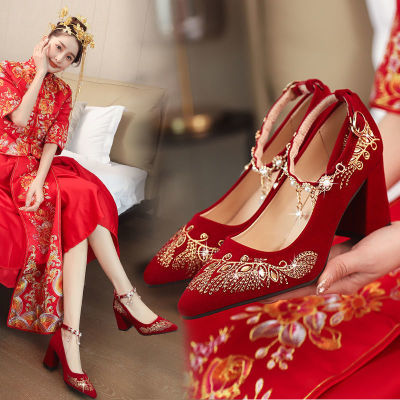 婚鞋女2024新款酒红色高跟新娘鞋粗跟中式秀禾婚纱结婚绣花红鞋