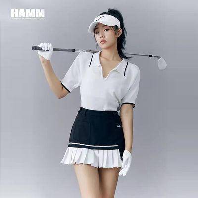韩版高尔夫球服装女套装夏季冰丝白色短袖POLO衫GOLF速干百褶短裙