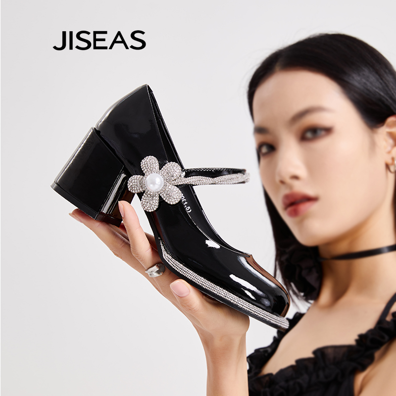 JISEAS粗跟玛丽珍鞋女2024春季新款漆皮水钻时尚圆头舒适浅口单鞋