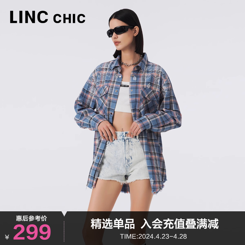 LINCCHIC金羽杰格子衬衫女上衣印花廓形感衬衫外套S233SH383Y