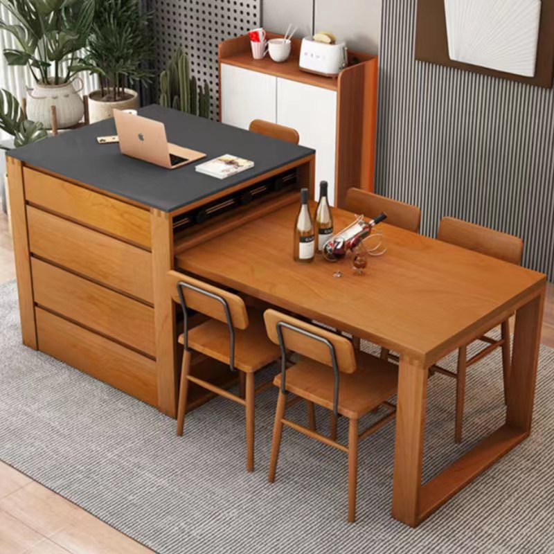 新款北欧樱桃木岛台可伸缩实木餐桌岩板面吧台一体柜多功能饭桌简
