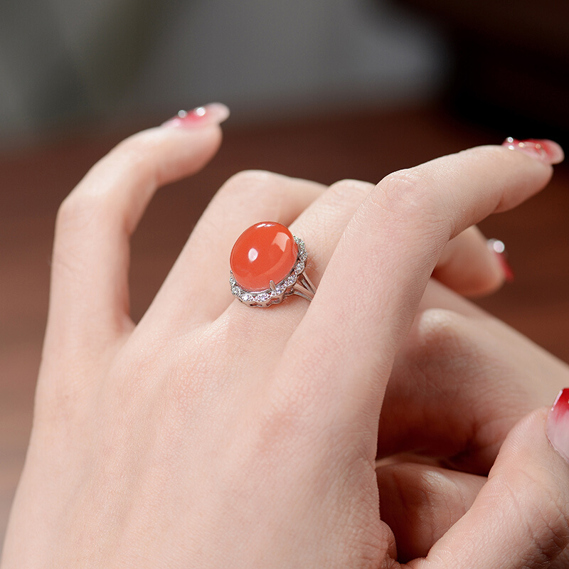 南红玛瑙戒指蛋面樱桃红925银可调节指环女款气质新中式手饰红色
