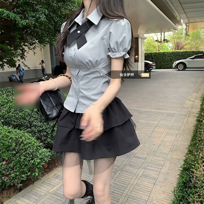 收腰甜辣妹学院风套装短裙蓬蓬裙夏季裙子修身JK制服衬衫女两件套