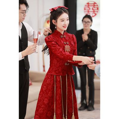 中式旗袍敬酒服新娘2024新款酒红色订婚结婚婚礼高级感气质礼服裙